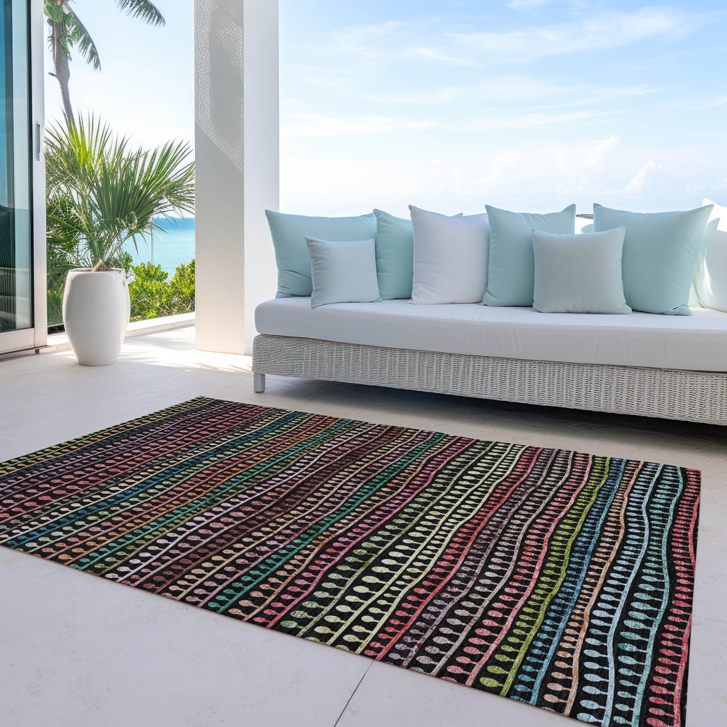 5' X 8' Black Green And Gold Striped Washable Indoor Outdoor Area Rug