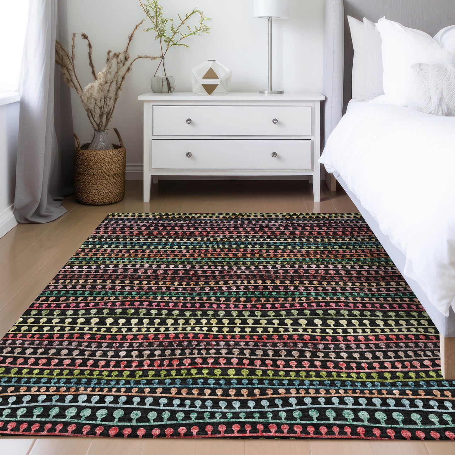 5' X 8' Black Green And Gold Striped Washable Indoor Outdoor Area Rug