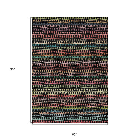 5' X 8' Black Green And Gold Striped Washable Indoor Outdoor Area Rug